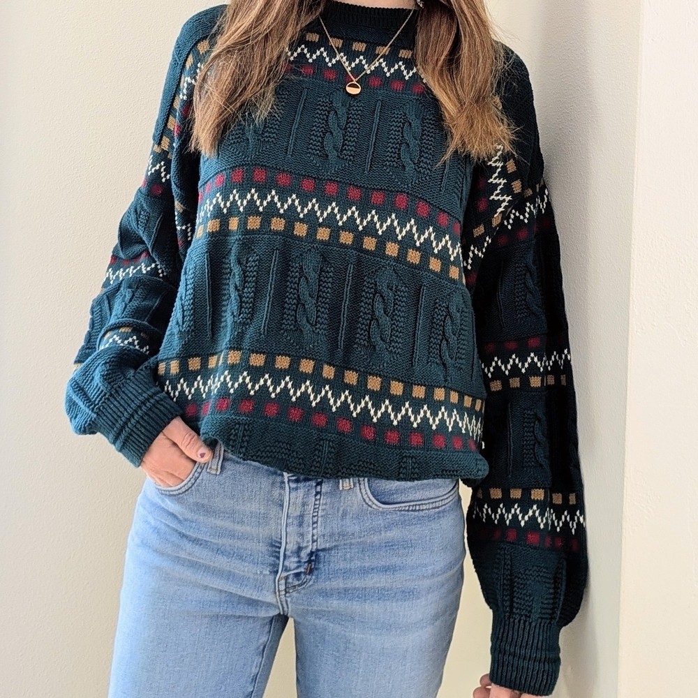 Vintage Abstract Geometric Patterned Chunky Textured Crewneck Sweater - Picture 3 of 8